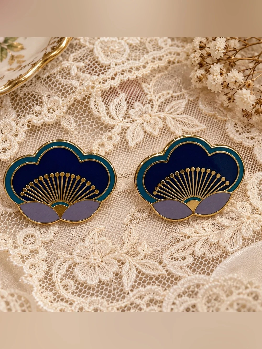 Vintage Laurel Burch Plum Blossom Earrings Blue Purple Enamel Gold Tone Studs